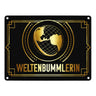 Weltenbummler Metallschild mit goldenem Globus und Reisemotiv