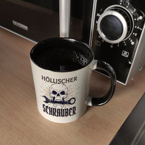 Höllischer Schrauber Kaffeebecher mit Totenkopf und Schraubenschlüssel Motiv
