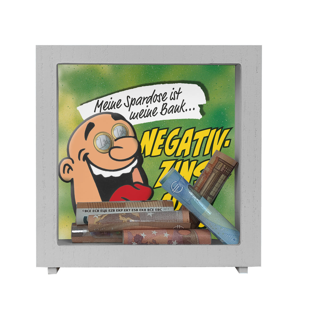 Spardose zum Thema Negativzins mit Comic-Motiv
