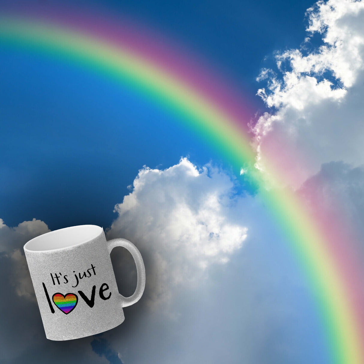 It's just love Kaffeebecher mit Herz in Regenbogenfarben