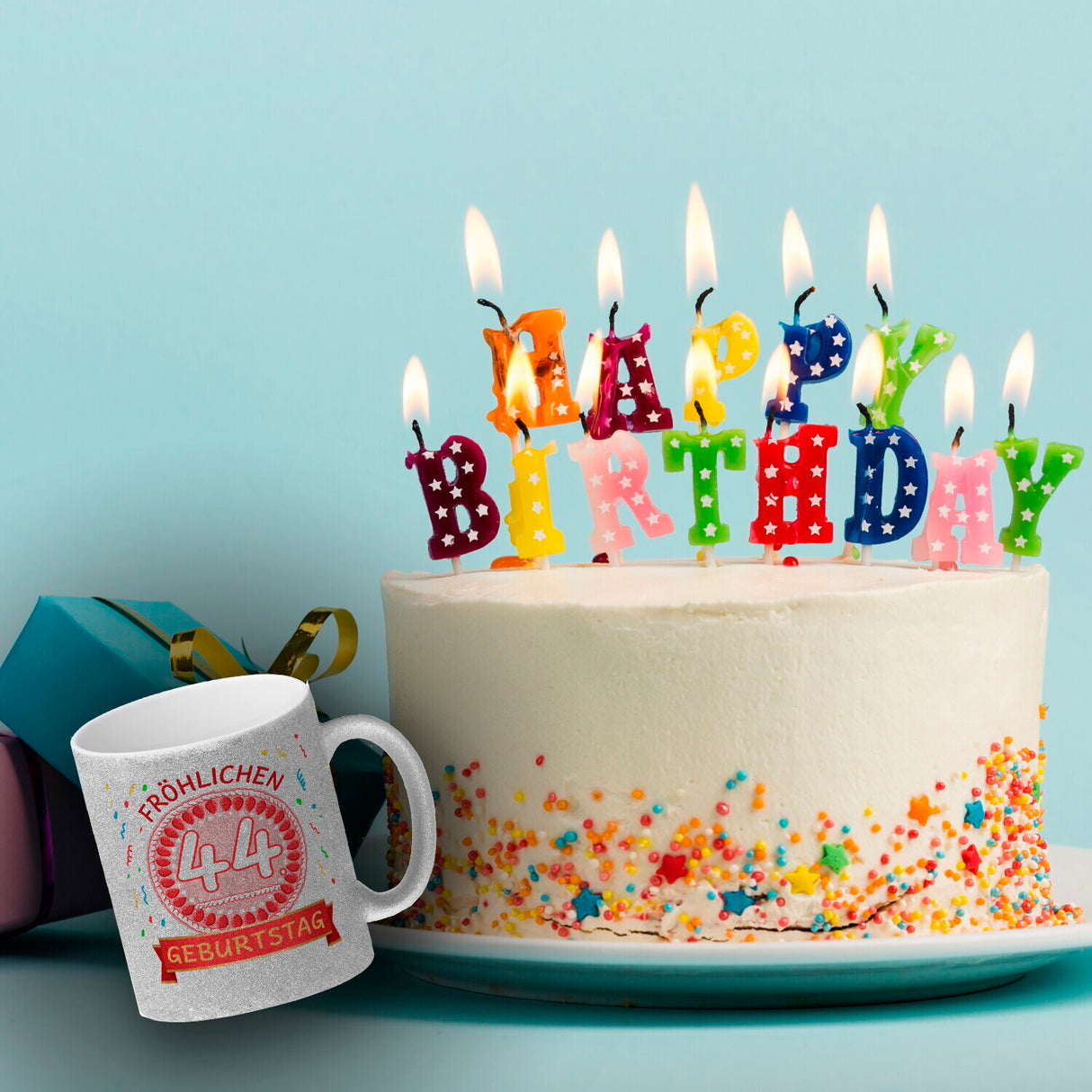 Witziger Kaffeebecher für den 44. Geburtstag mit Motiv: Torte
