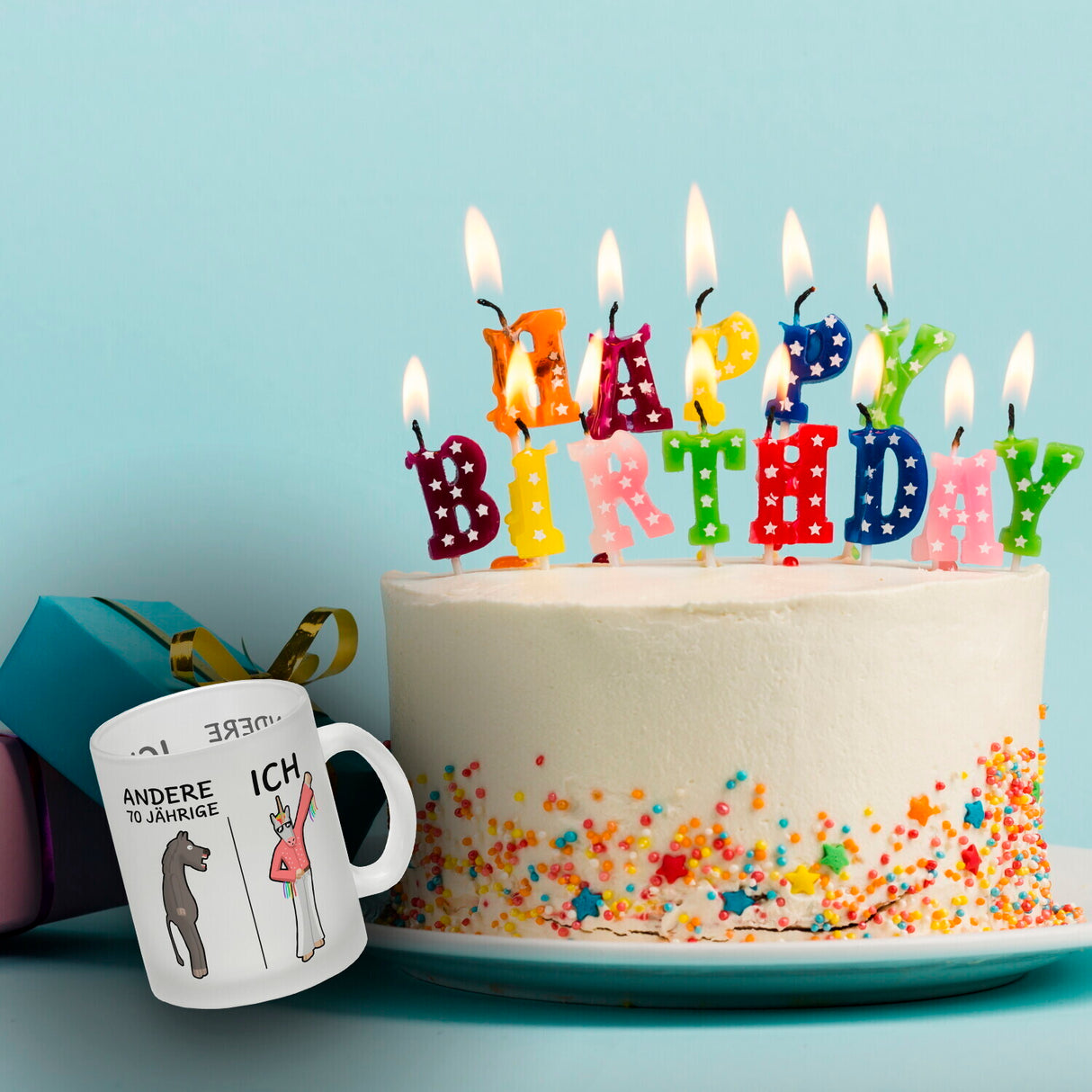 Witziger Kaffeebecher für den 70. Geburtstag mit Motiv: Andere und ich