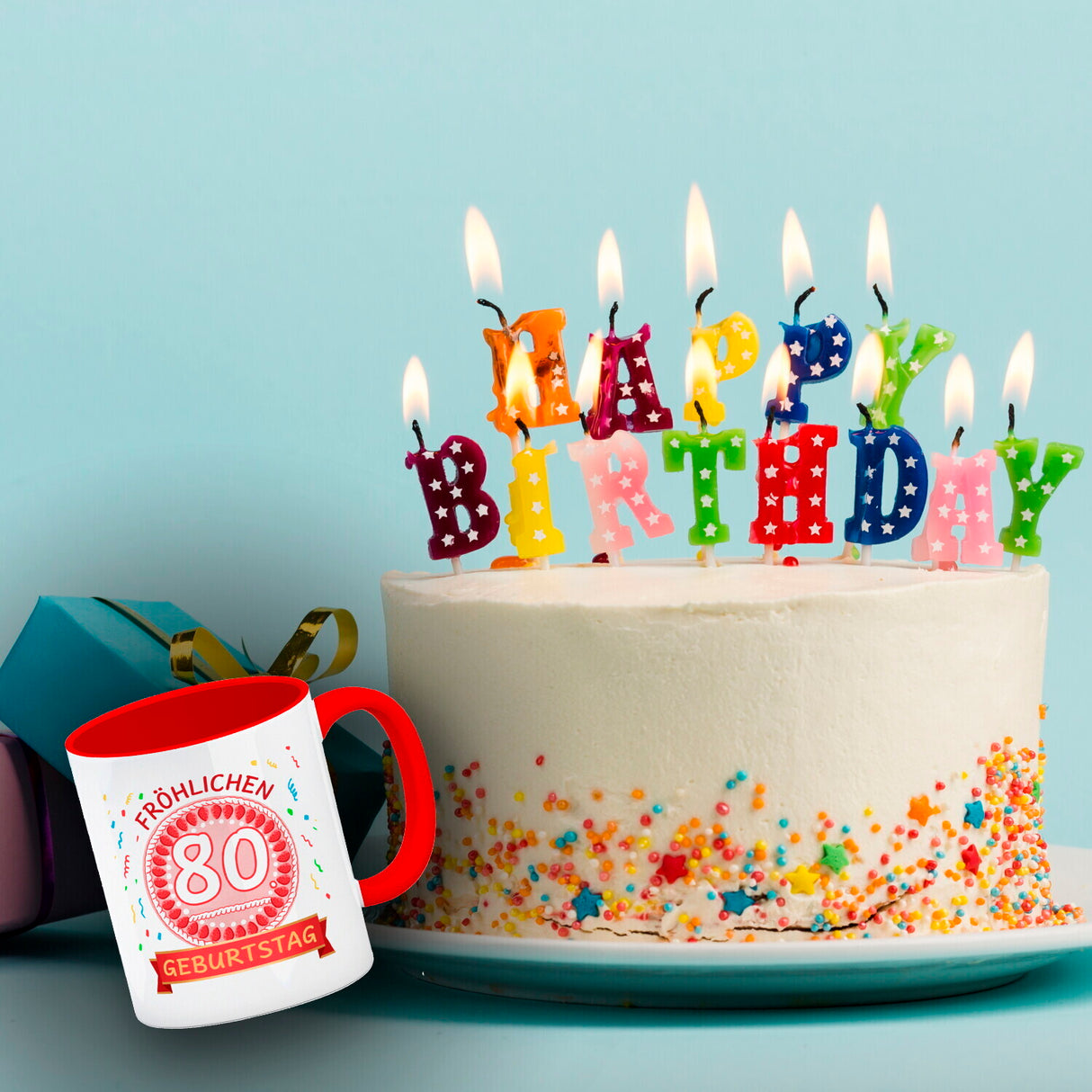 Witziger Kaffeebecher für den 80. Geburtstag mit Motiv: Torte