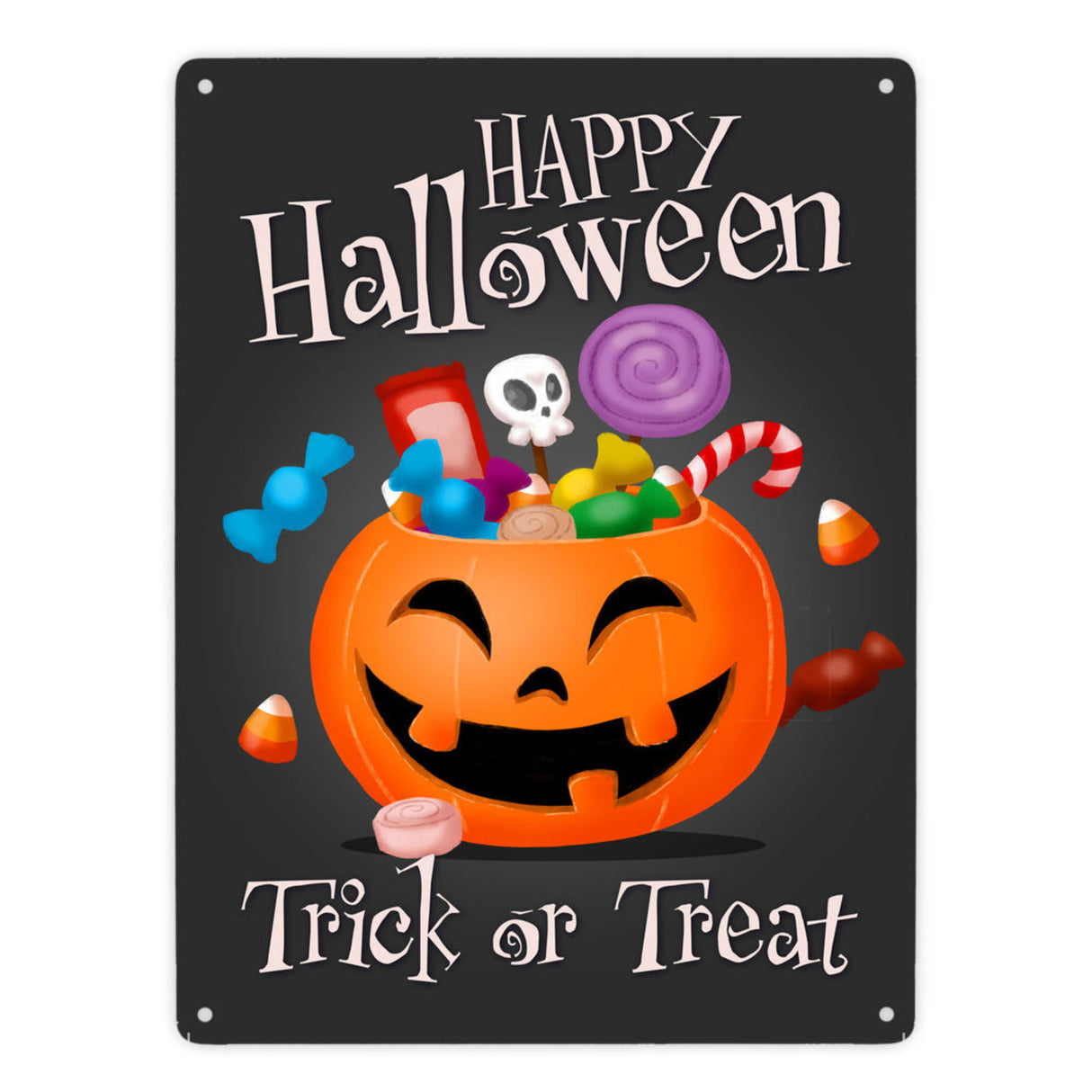 Happy Halloween Trick or Treat Metallschild in lila mit süßem Kürbis