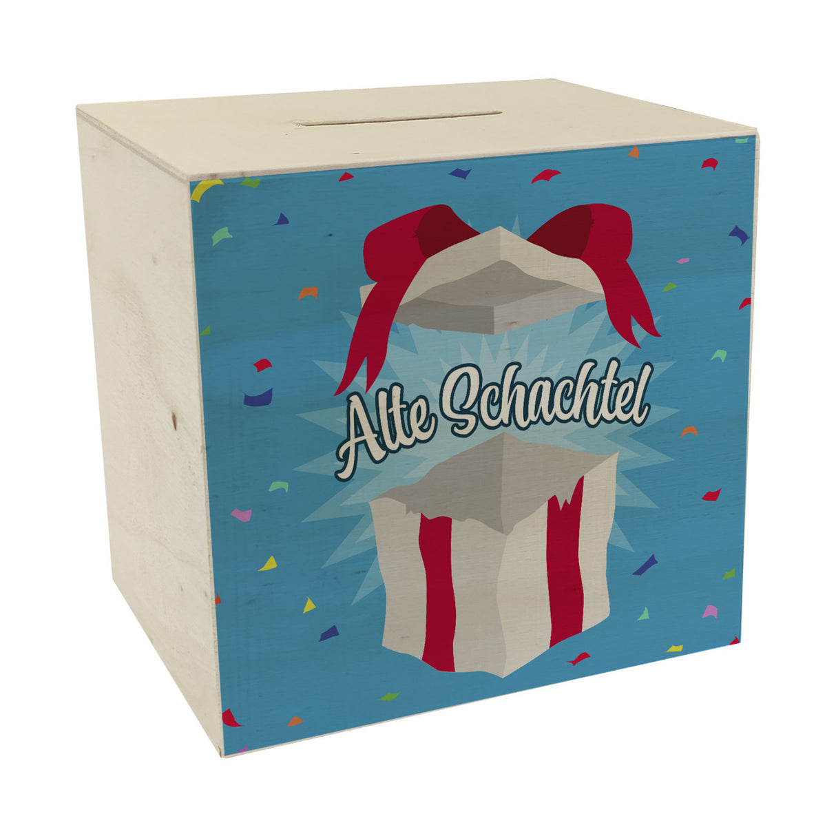 Alte Schachtel Spardose mit Geburtstagsgeschenk-Motiv