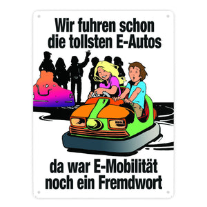 Boxauto als E-Auto Metallschild mit Spruch zu E-Mobilität in orange
