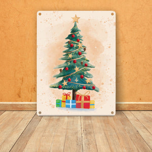 Weihnachtsbaum mit Geschenken Metallschild mit Text