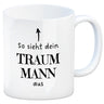 Traumfrau Kaffeebecher mit Spruch: So sieht deine Traumfrau aus