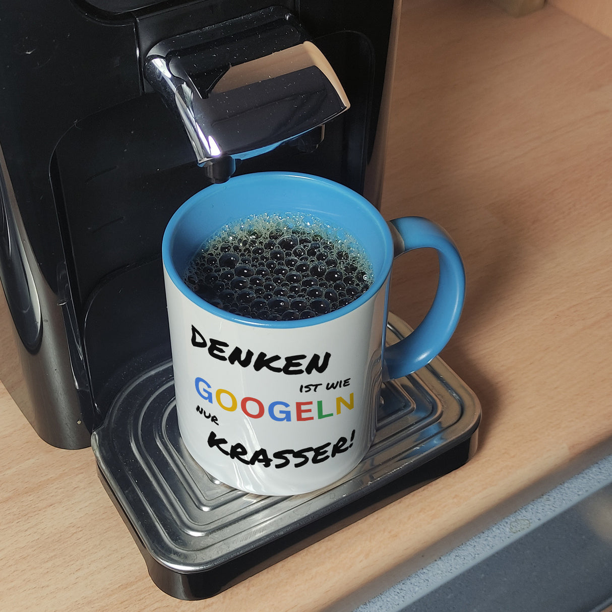 Suchmaschine Kaffeebecher mit Spruch Denken ist wie googeln nur krasser