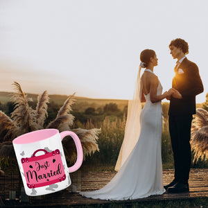 Just married Hochzeit Kaffeebecher mit pinkem Koffer