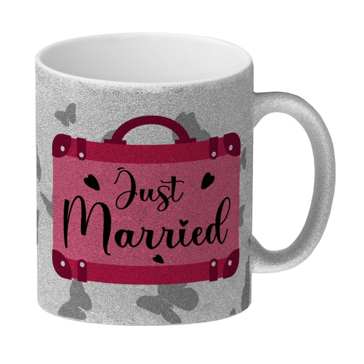 Just married Hochzeit Kaffeebecher mit pinkem Koffer