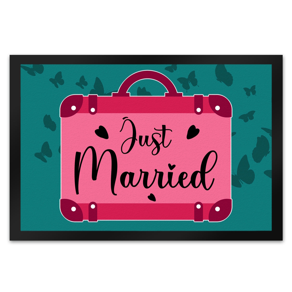 Just married Hochzeit Fußmatte in 35x50 cm mit pinkem Koffer