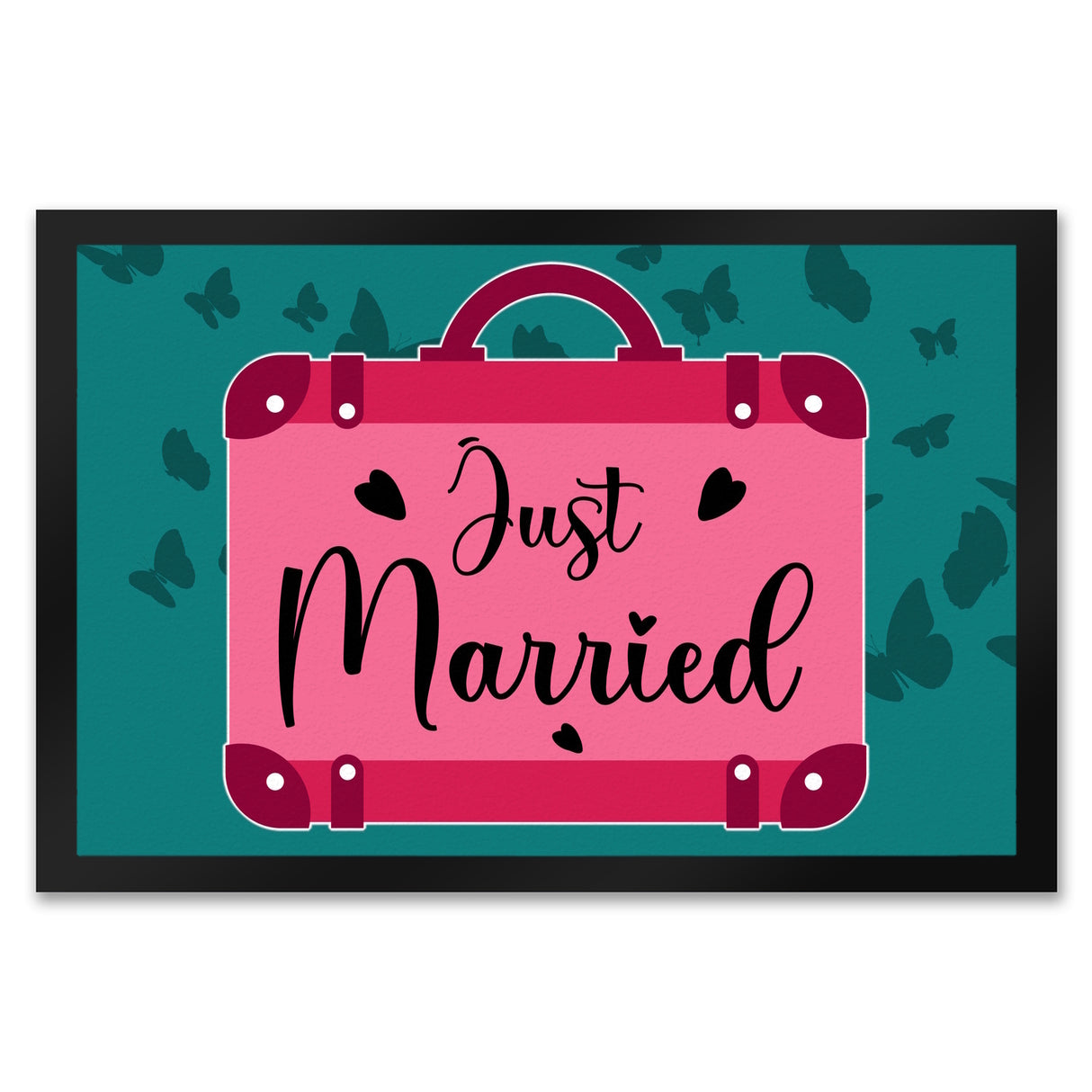 Just married Hochzeit Fußmatte in 35x50 cm mit pinkem Koffer