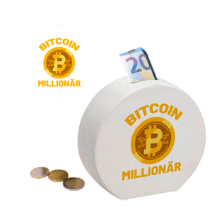 Bitcoin Millionär Spardose mit grünem Hintergrund und Kryptowährung