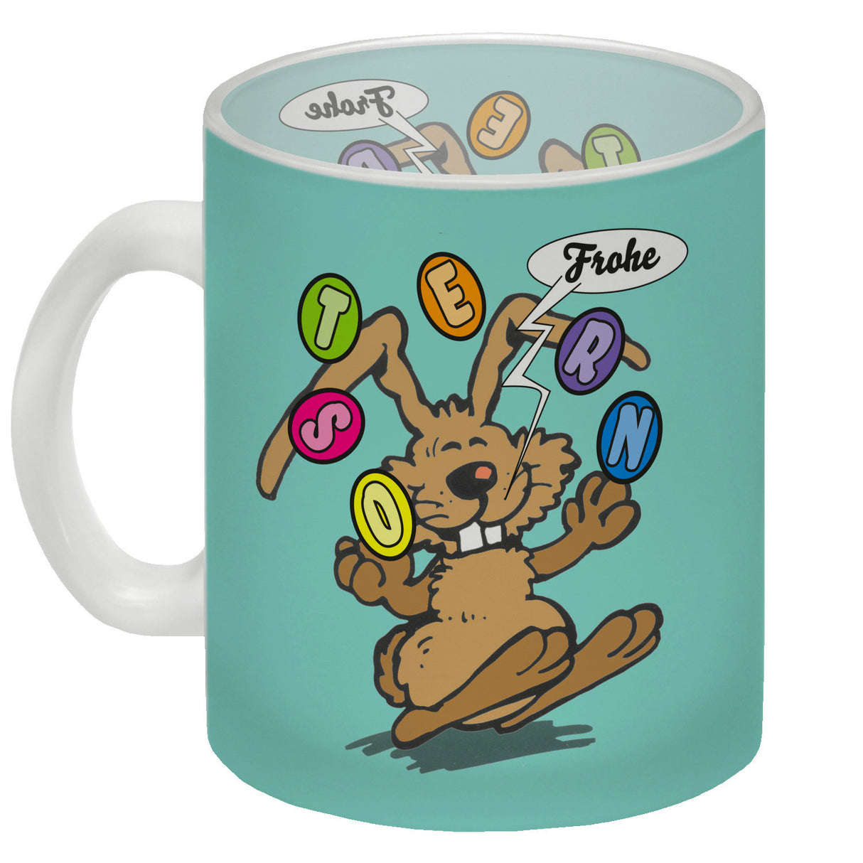 Frohe Ostern! Osterhase jongliert mit Ostereiern Kaffeebecher in {weiß}