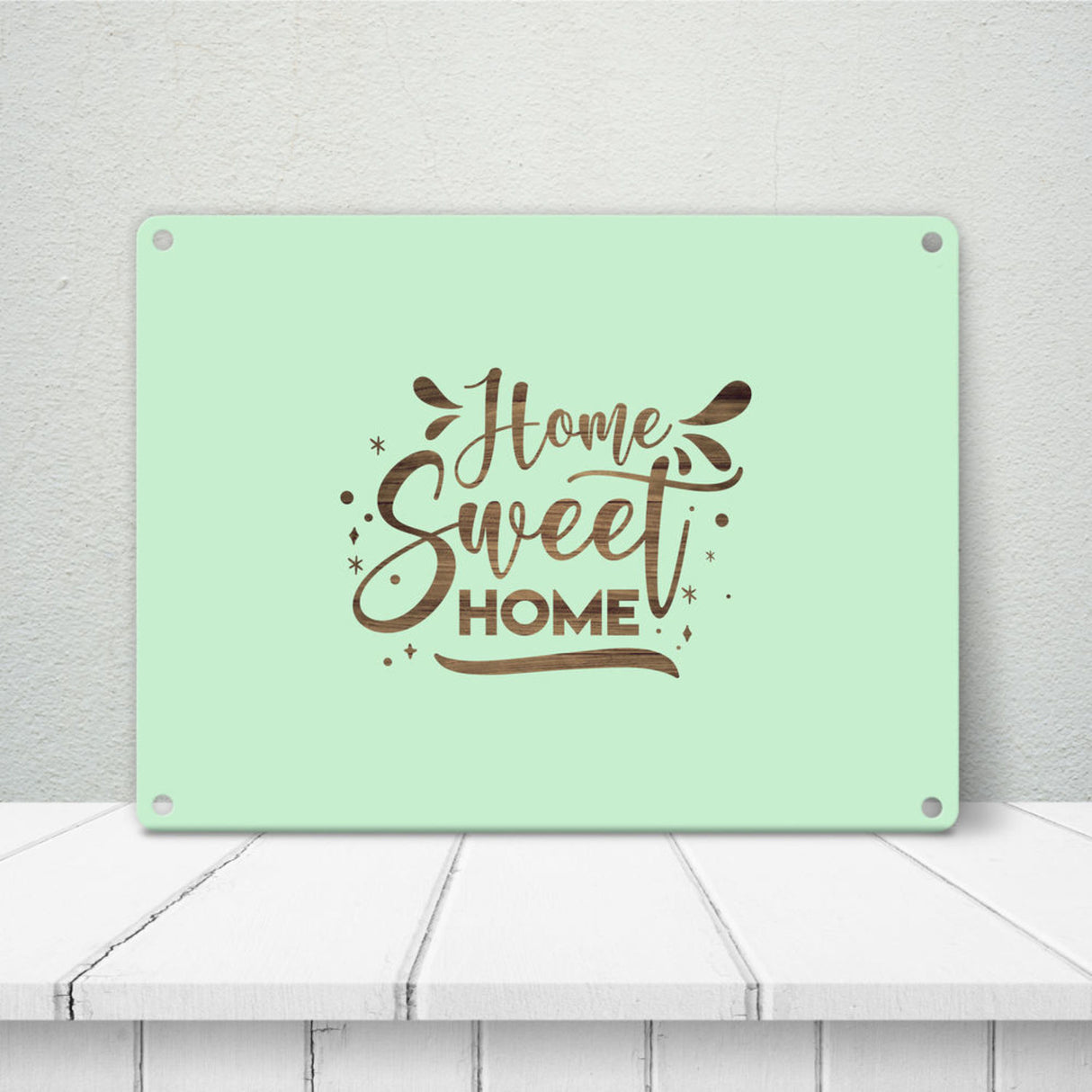 Home Sweet Home Metallschild in 15x20 cm mit hellblauem Hintergrund