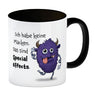 Freches Monster in lila Kaffeebecher mit lustigem Spruch