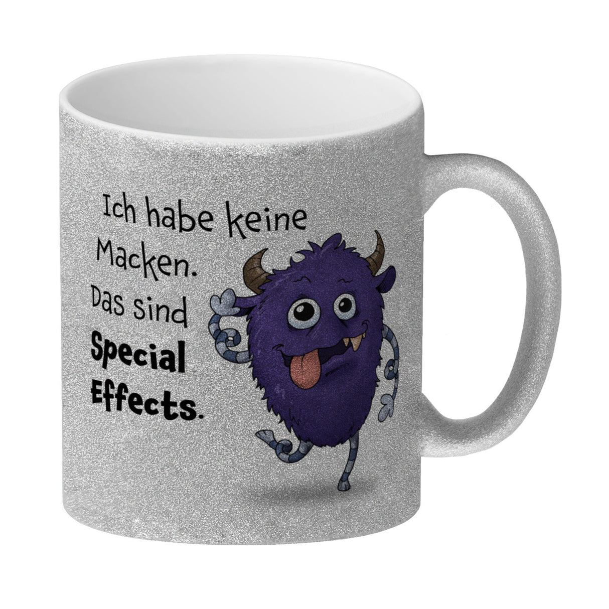 Freches Monster in lila Kaffeebecher mit lustigem Spruch