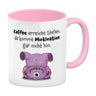 Freches Monster in rosa Kaffeebecher mit lustigem Spruch