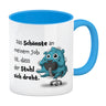 Freches Monster in hellblau Kaffeebecher mit lustigem Spruch