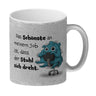 Freches Monster in hellblau Kaffeebecher mit lustigem Spruch