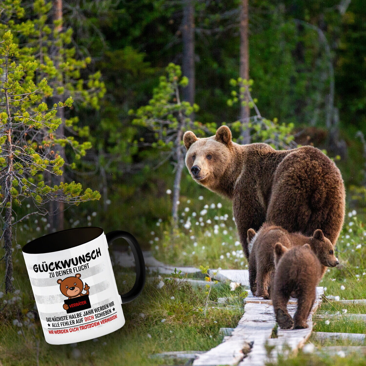 Glückwunsch zur Flucht, Verräter Mittelfinger Kaffeebecher mit Bär