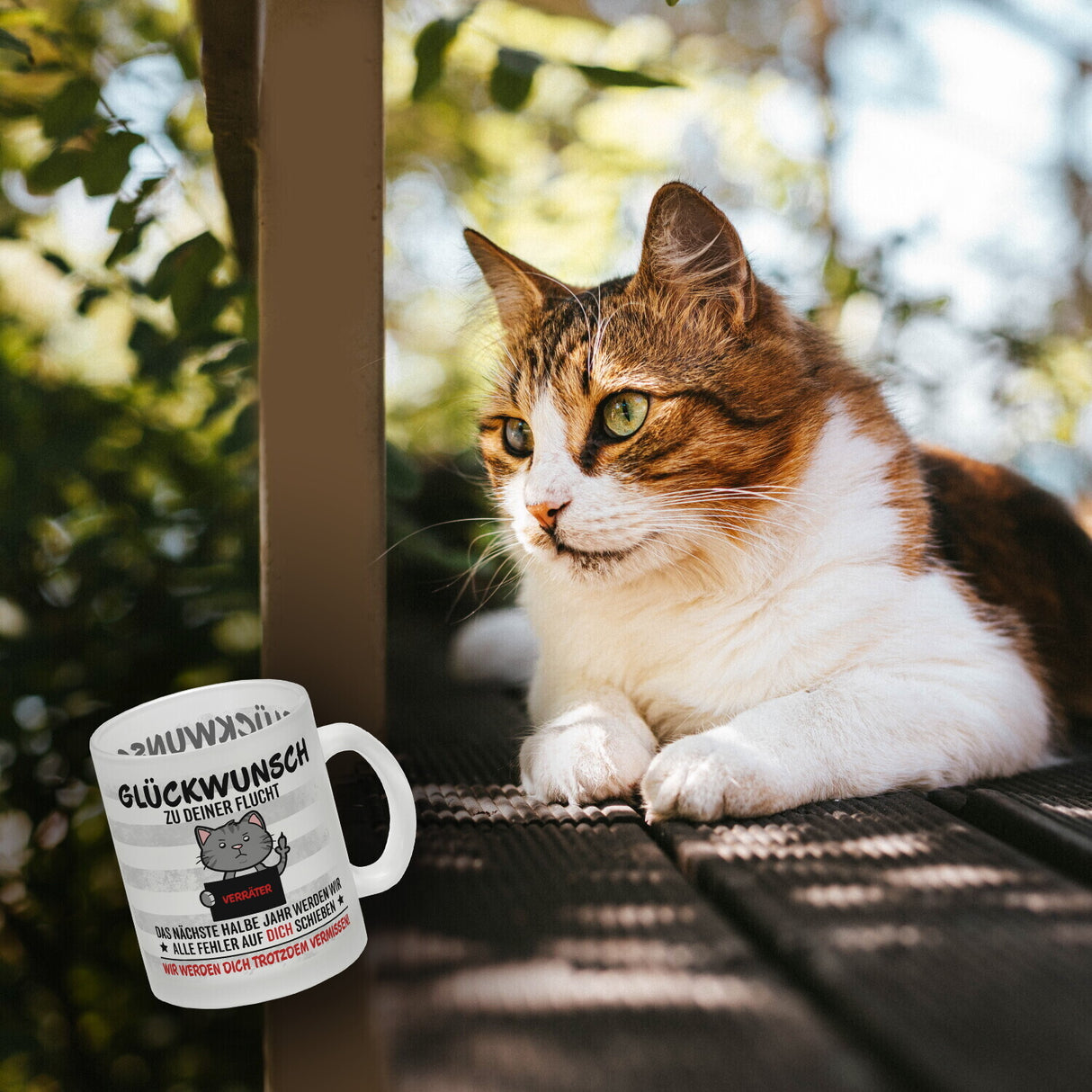 Glückwunsch zur Flucht, Verräter Mittelfinger Kaffeebecher mit Katze