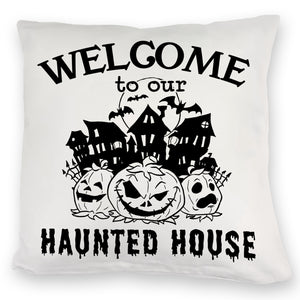 Geisterhaus Halloween Kissen mit Spruch - Welcome to our haunted house