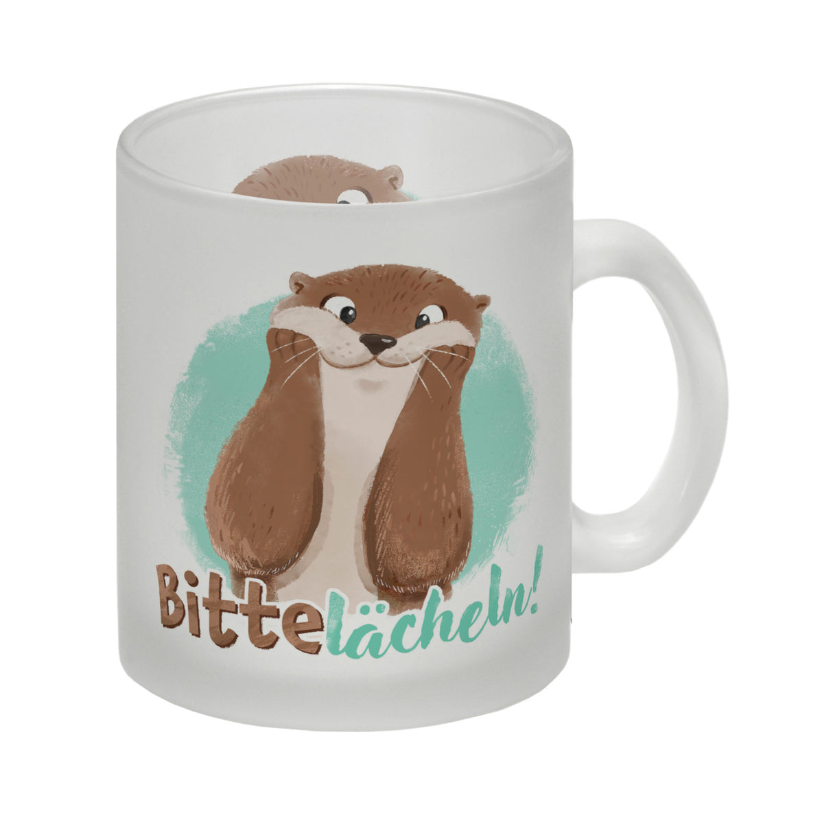 Lachender Otter Kaffeebecher mit Spruch Bitte lächeln