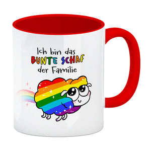 Das bunte Schaf der Familie in Pride-Farben Kaffeebecher mit Spruch