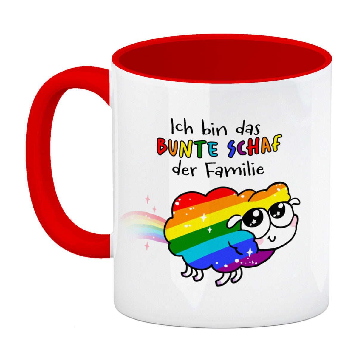 Das bunte Schaf der Familie in Pride-Farben Kaffeebecher mit Spruch