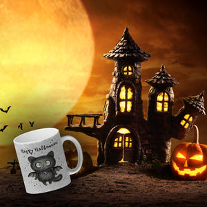 Happy Halloween Kaffeebecher mit schwarzer Fledermaus-Katze
