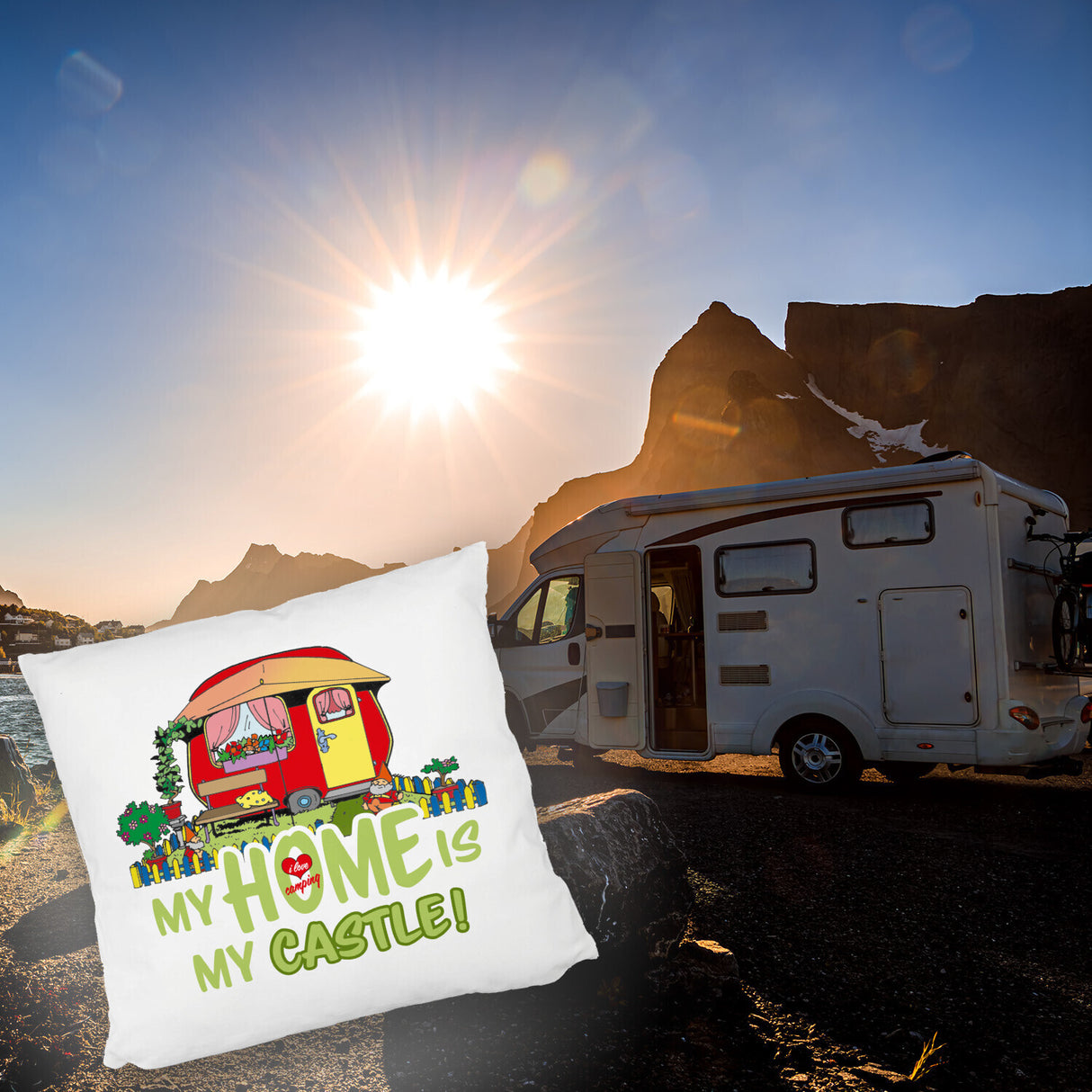 Wohnwagen Kissen mit Spruch My Home is my castle! I love camping