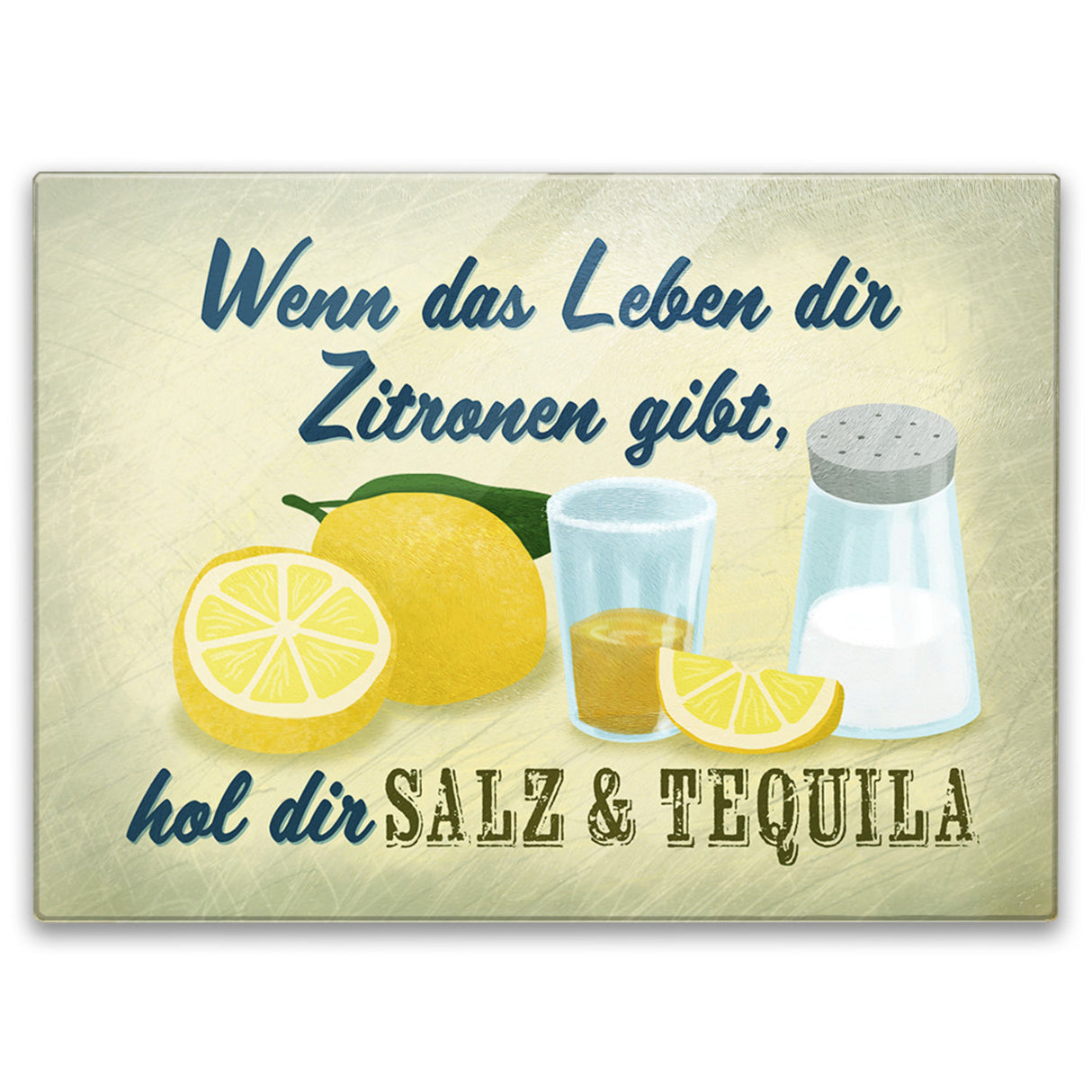 Zitronen Schneidebrett aus Glas mit Spruch hol Salz & Tequila