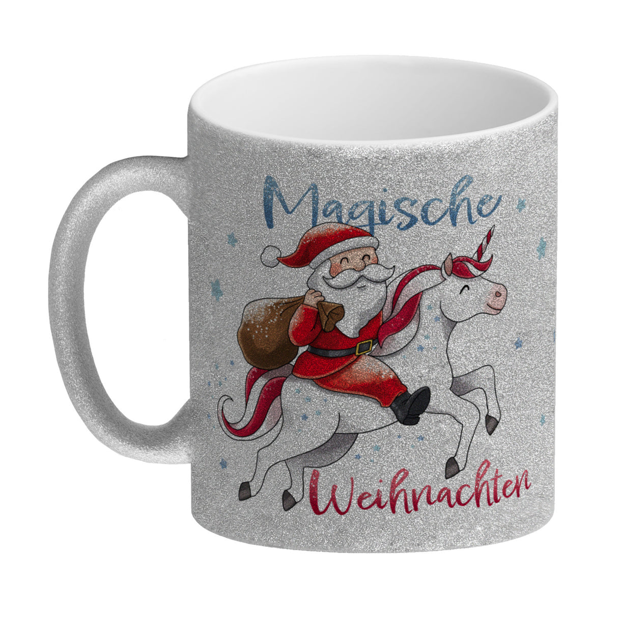 Weihnachtsmann auf Einhorn Kaffeebecher mit Spruch Magische Weihnachten