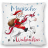 Weihnachtsmann auf Einhorn Kissen mit Spruch Magische Weihnachten