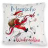 Weihnachtsmann auf Einhorn Kissen mit Spruch Magische Weihnachten