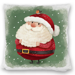 Weihnachtsmann und Rotkehlchen Kissen mit grünem Hintergrund