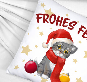 Katze mit Mütze Kissen mit Spruch Frohes Fest