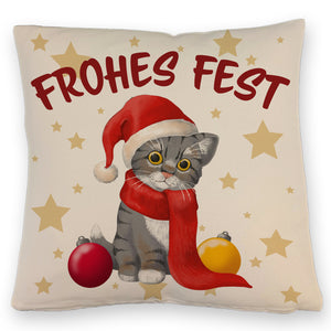 Katze mit Mütze Kissen mit Spruch Frohes Fest