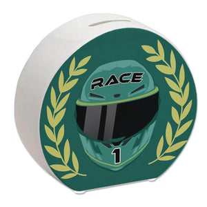 Motorsport-Helm Spardose mit Siegerkranz