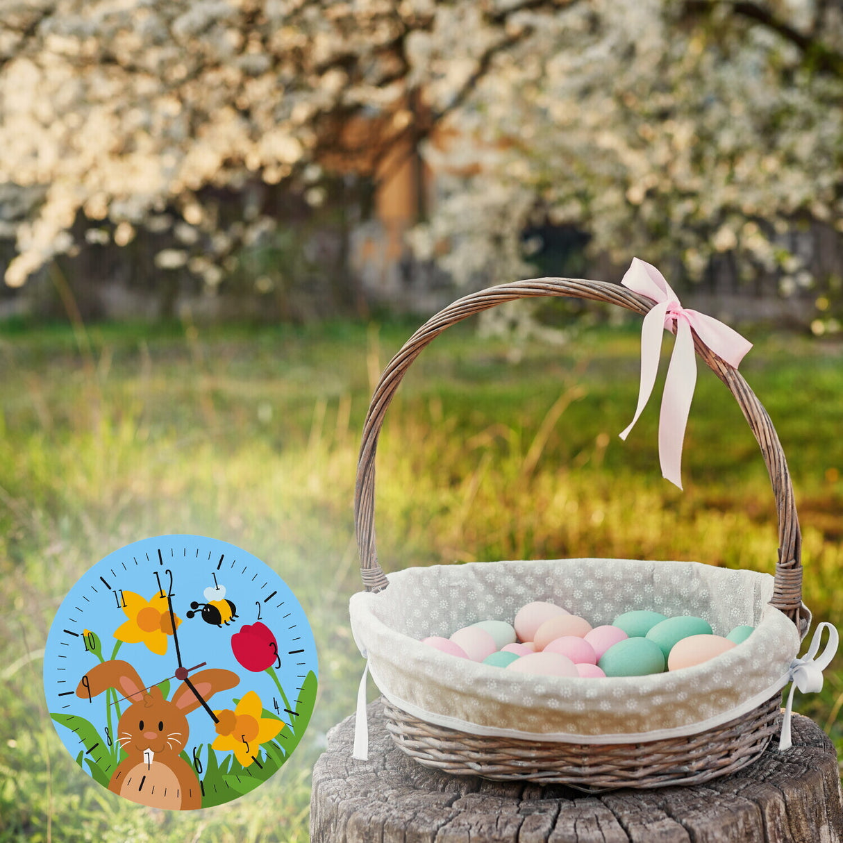 Frühling und Hasen Wanduhr zu Ostern