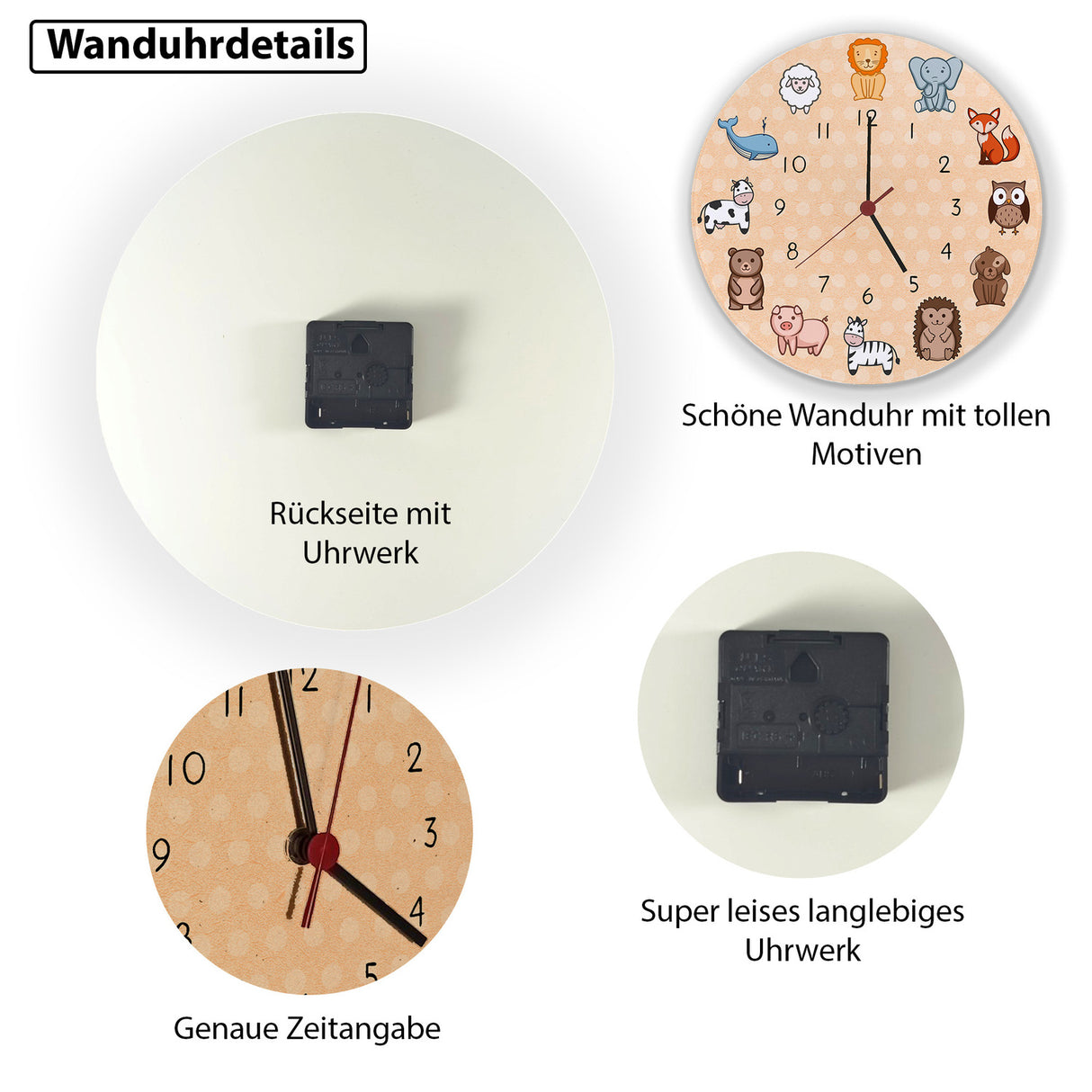 Kinderuhr mit süßen Tieren Wanduhr