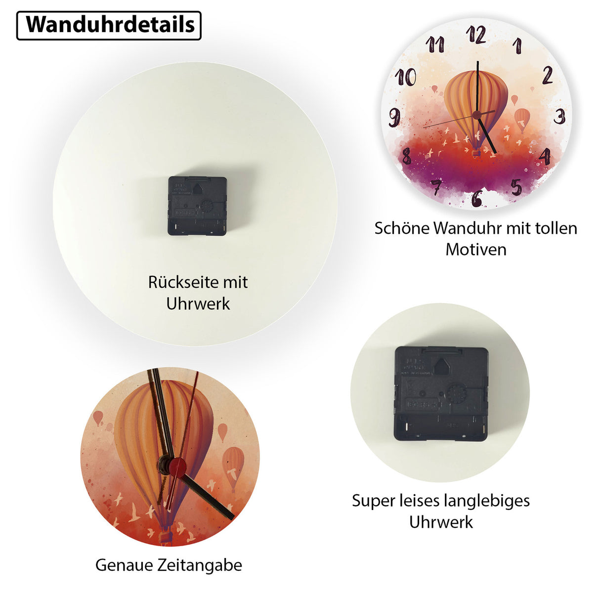 Heißluftballon in Wasserfarbenoptik Wanduhr