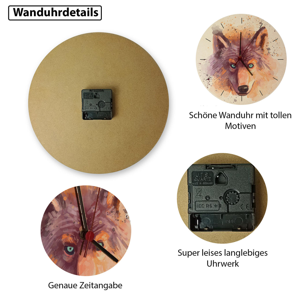 Wolf in Wasserfarbenoptik Wanduhr