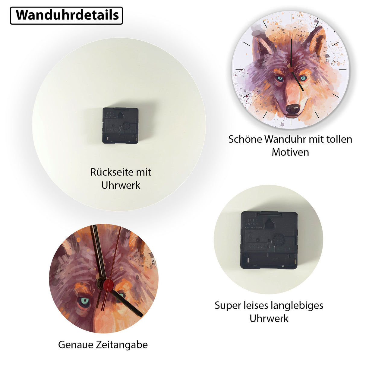 Wolf in Wasserfarbenoptik Wanduhr