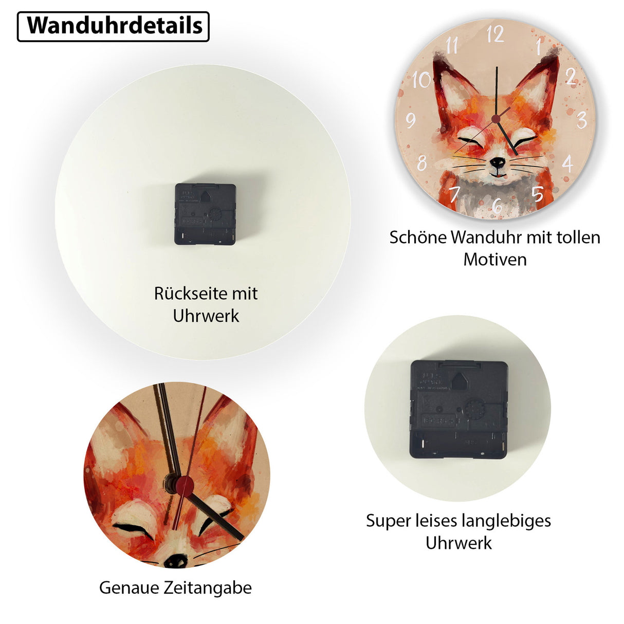 Fuchs in Wasserfarbenoptik Wanduhr