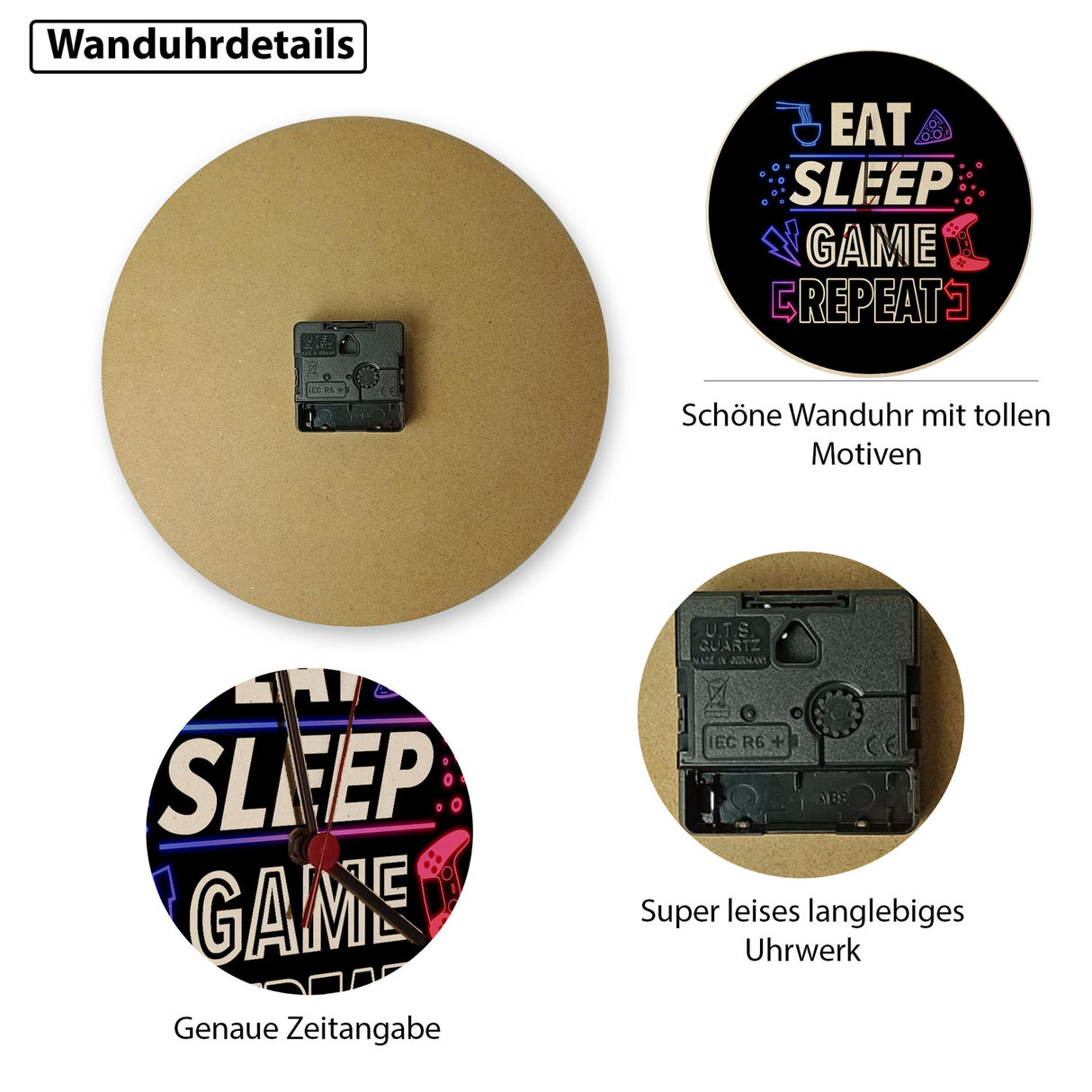 Eat Sleep Game Repeat Zocker Wanduhr