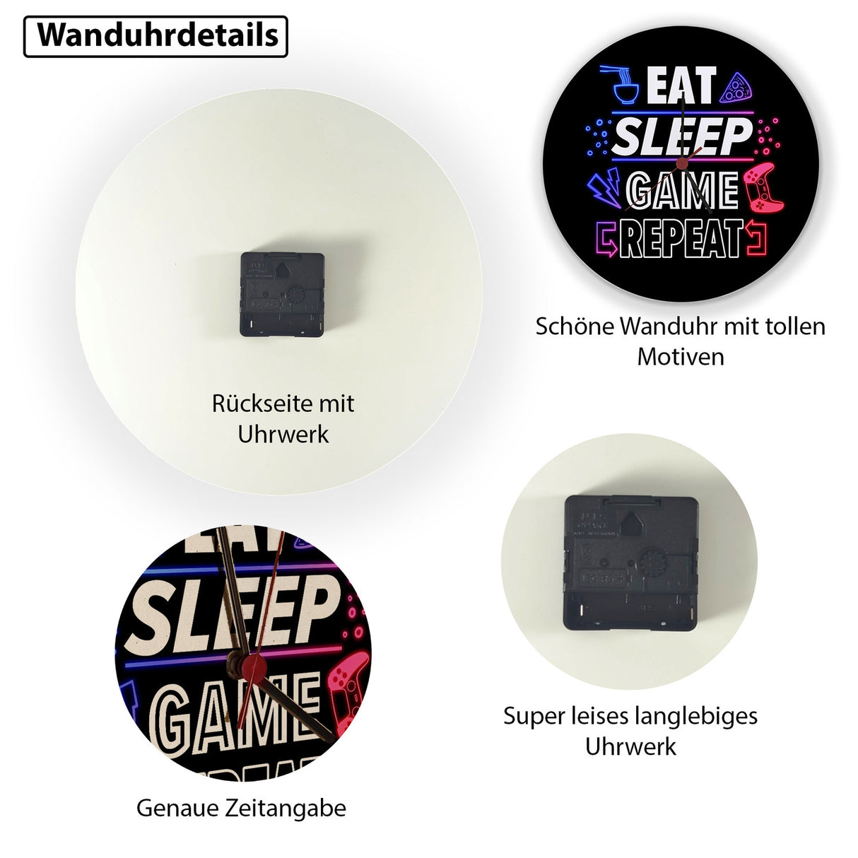 Eat Sleep Game Repeat Zocker Wanduhr