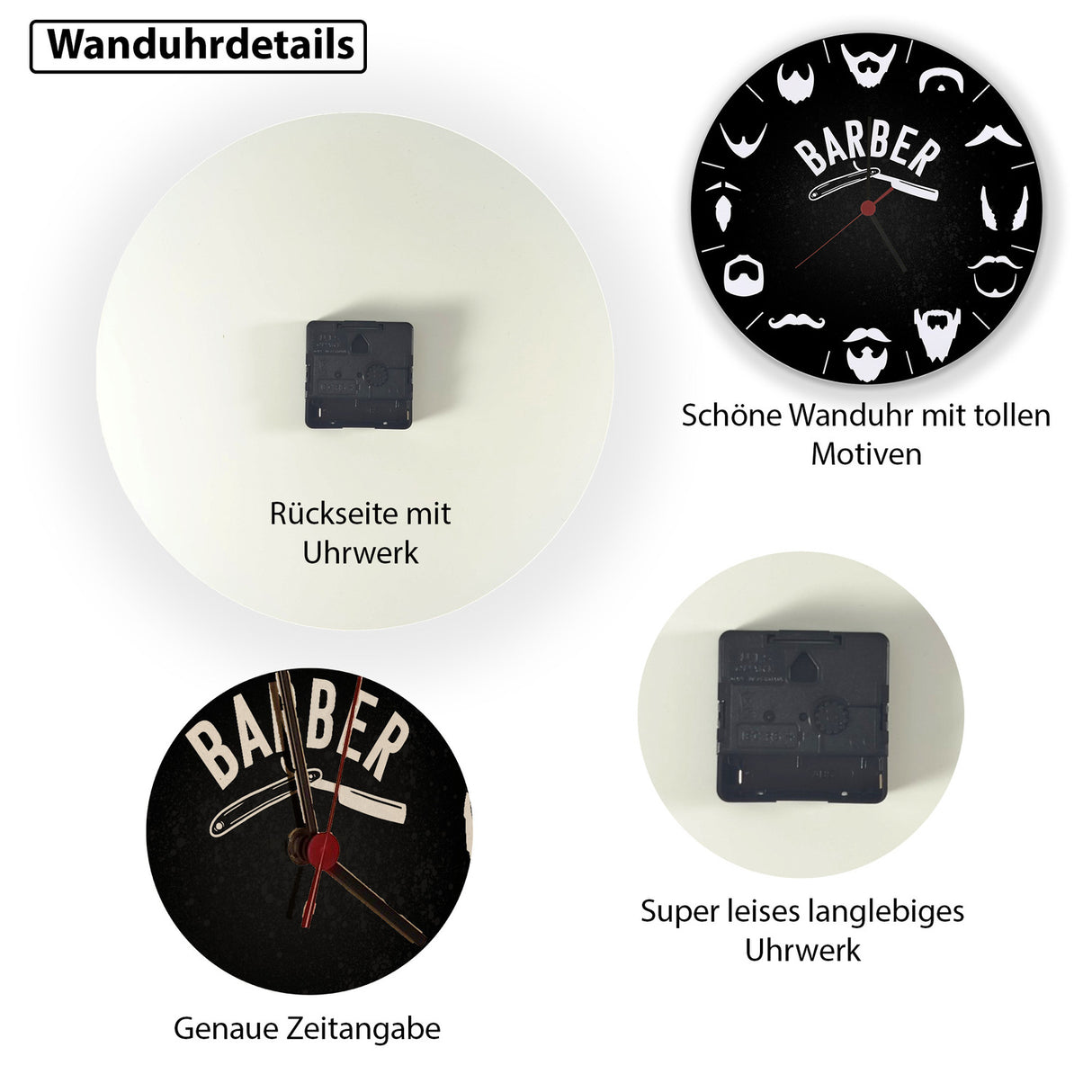 Barber Wanduhr mit unterschiedlichen Barttypen